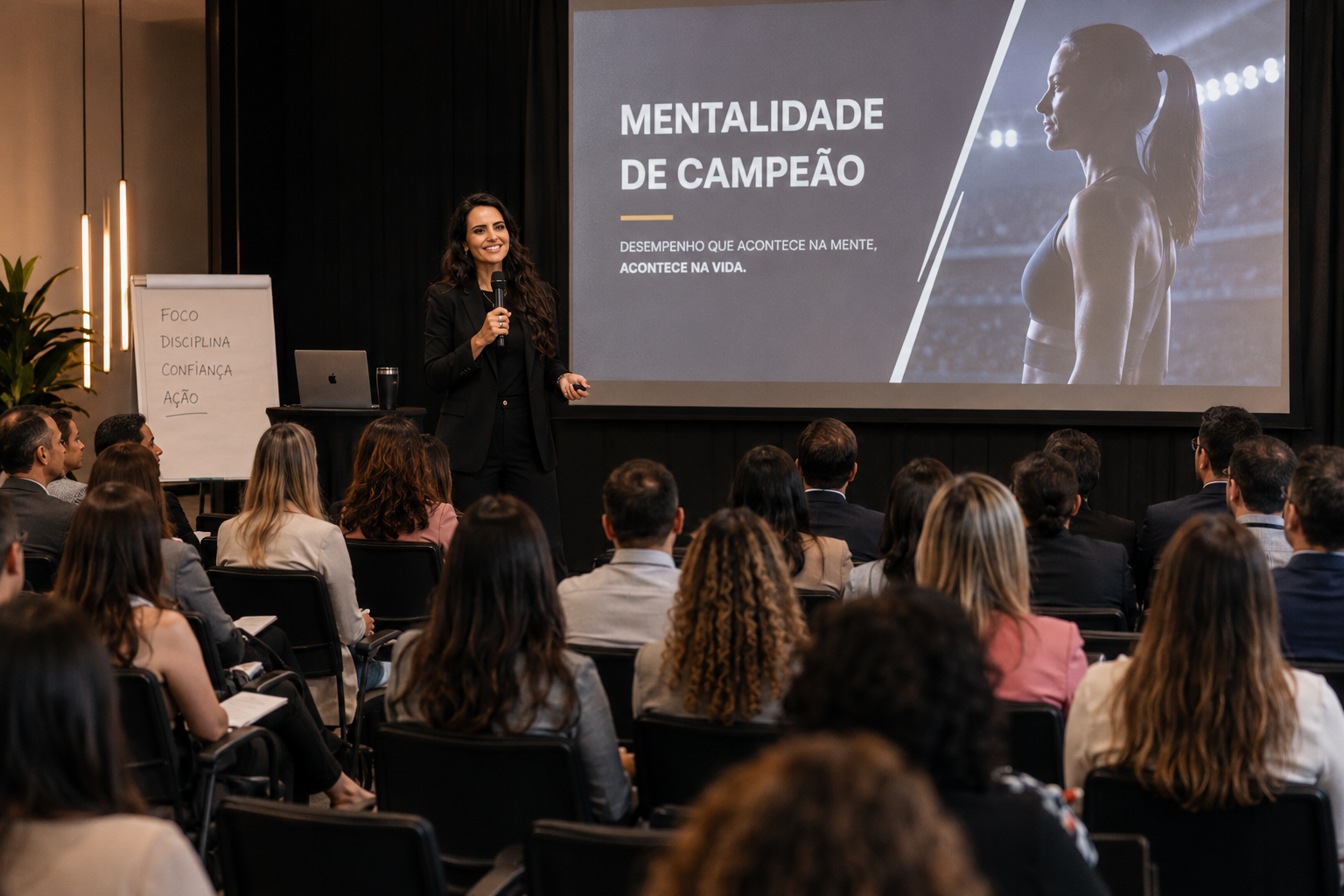 Mayra Ramos apresentando o método Atleta Campeão para empresas e equipes corporativas