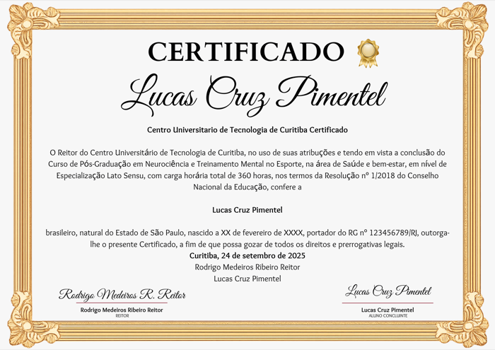 Mockup do certificado de pós-graduação em Psicologia do Esporte e Coaching emitido pela UNIFATEC